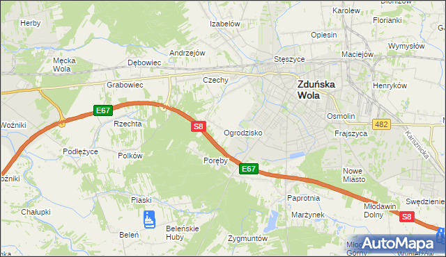 mapa Ogrodzisko gmina Zduńska Wola, Ogrodzisko gmina Zduńska Wola na mapie Targeo