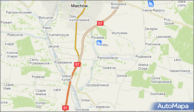 mapa Parkoszowice gmina Miechów, Parkoszowice gmina Miechów na mapie Targeo