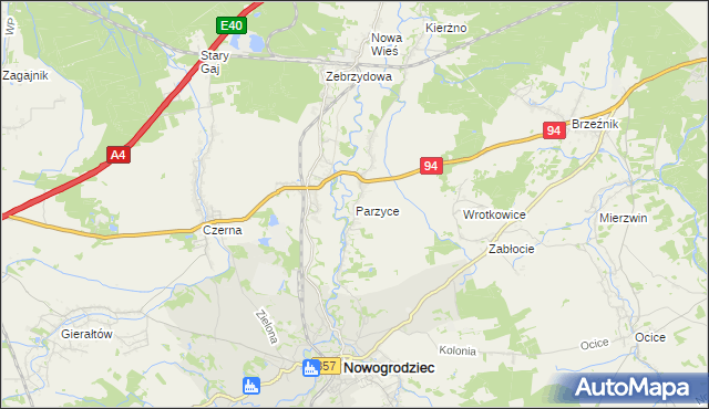mapa Parzyce gmina Nowogrodziec, Parzyce gmina Nowogrodziec na mapie Targeo