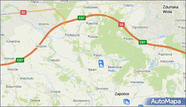 mapa Piaski gmina Zduńska Wola, Piaski gmina Zduńska Wola na mapie Targeo