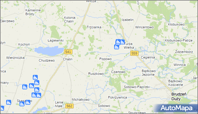mapa Popowo gmina Tłuchowo, Popowo gmina Tłuchowo na mapie Targeo