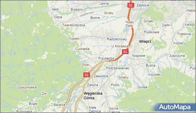 mapa Przybędza, Przybędza na mapie Targeo