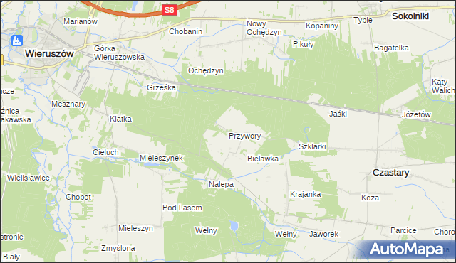 mapa Przywory gmina Czastary, Przywory gmina Czastary na mapie Targeo