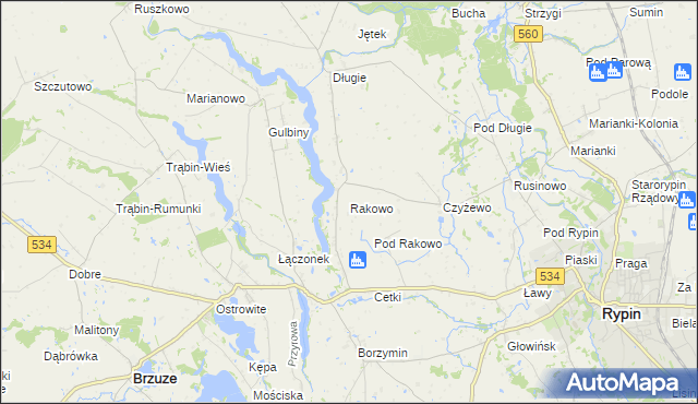 mapa Rakowo gmina Rypin, Rakowo gmina Rypin na mapie Targeo