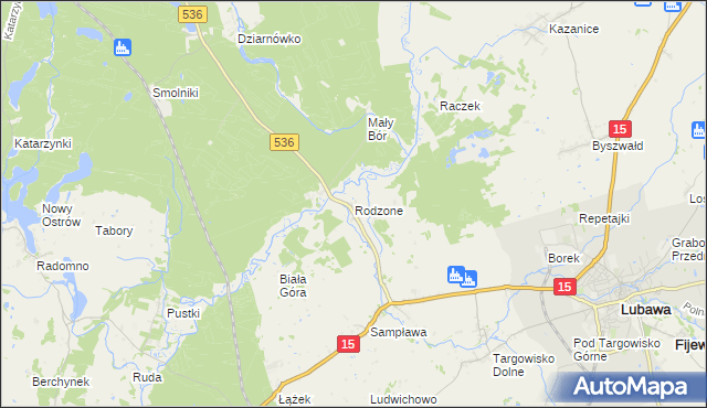 mapa Rodzone gmina Lubawa, Rodzone gmina Lubawa na mapie Targeo