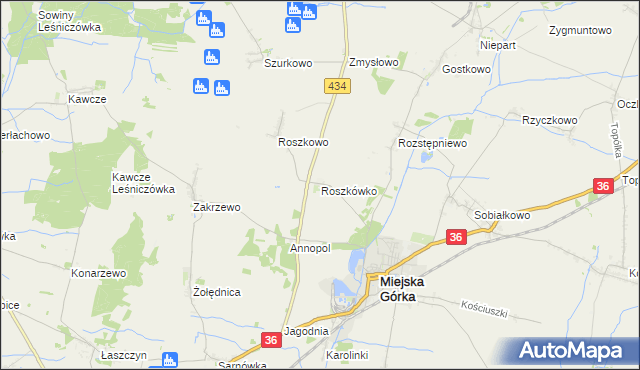 mapa Roszkówko gmina Miejska Górka, Roszkówko gmina Miejska Górka na mapie Targeo