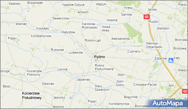 mapa Rybno powiat sochaczewski, Rybno powiat sochaczewski na mapie Targeo