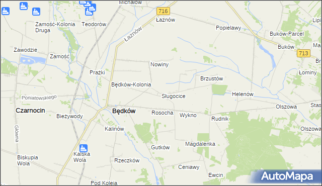 mapa Sługocice gmina Będków, Sługocice gmina Będków na mapie Targeo