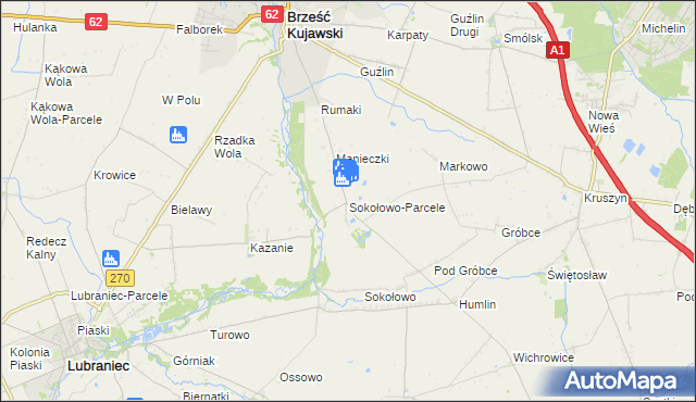 mapa Sokołowo-Parcele gmina Brześć Kujawski, Sokołowo-Parcele gmina Brześć Kujawski na mapie Targeo