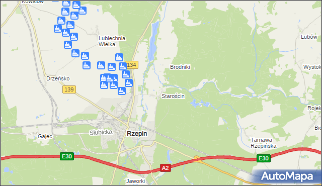 mapa Starościn gmina Rzepin, Starościn gmina Rzepin na mapie Targeo