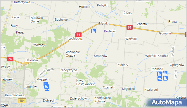 mapa Stradzew gmina Wola Krzysztoporska, Stradzew gmina Wola Krzysztoporska na mapie Targeo