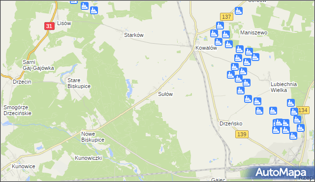 mapa Sułów gmina Rzepin, Sułów gmina Rzepin na mapie Targeo
