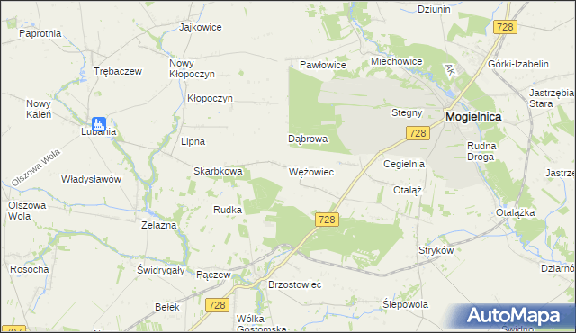 mapa Wężowiec gmina Mogielnica, Wężowiec gmina Mogielnica na mapie Targeo