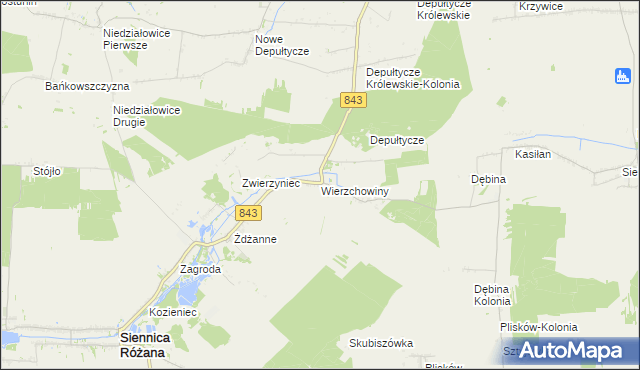 mapa Wierzchowiny gmina Siennica Różana, Wierzchowiny gmina Siennica Różana na mapie Targeo