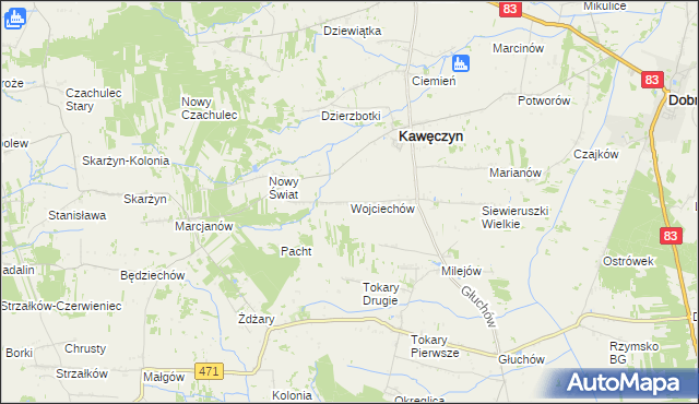 mapa Wojciechów gmina Kawęczyn, Wojciechów gmina Kawęczyn na mapie Targeo