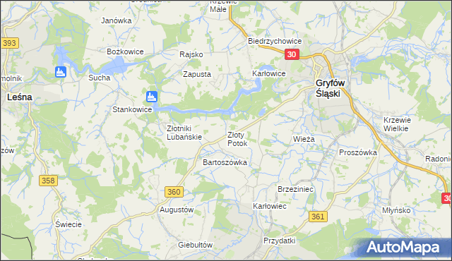 mapa Złoty Potok gmina Leśna, Złoty Potok gmina Leśna na mapie Targeo