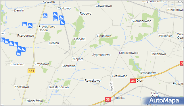 mapa Zygmuntowo gmina Krobia, Zygmuntowo gmina Krobia na mapie Targeo