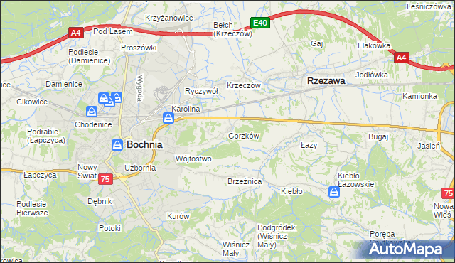 mapa Gorzków gmina Bochnia, Gorzków gmina Bochnia na mapie Targeo