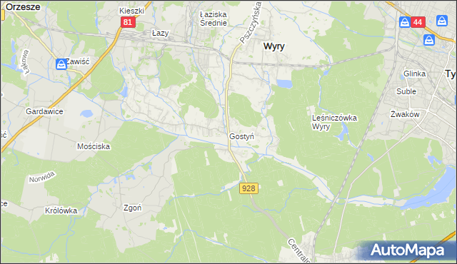 mapa Gostyń gmina Wyry, Gostyń gmina Wyry na mapie Targeo