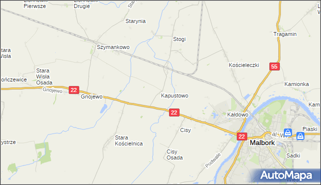mapa Kapustowo gmina Malbork, Kapustowo gmina Malbork na mapie Targeo