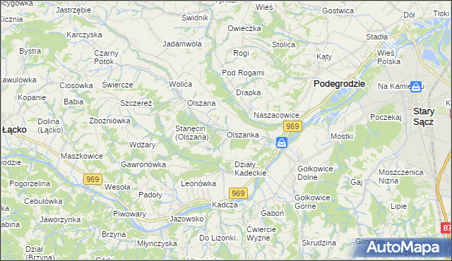 mapa Olszanka gmina Podegrodzie, Olszanka gmina Podegrodzie na mapie Targeo
