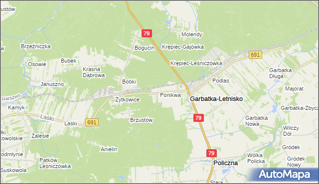 mapa Ponikwa gmina Garbatka-Letnisko, Ponikwa gmina Garbatka-Letnisko na mapie Targeo