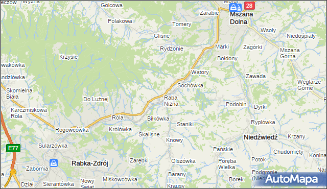 mapa Raba Niżna, Raba Niżna na mapie Targeo