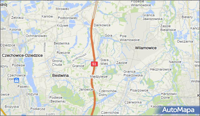 mapa Stara Wieś gmina Wilamowice, Stara Wieś gmina Wilamowice na mapie Targeo