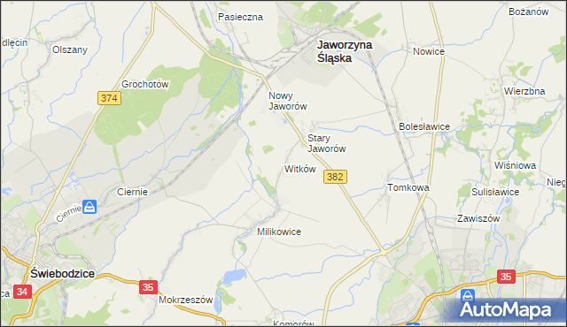 mapa Witków gmina Jaworzyna Śląska, Witków gmina Jaworzyna Śląska na mapie Targeo