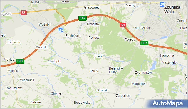 mapa Piaski gmina Zduńska Wola, Piaski gmina Zduńska Wola na mapie Targeo