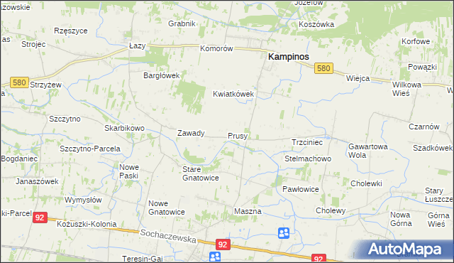 mapa Prusy gmina Kampinos, Prusy gmina Kampinos na mapie Targeo