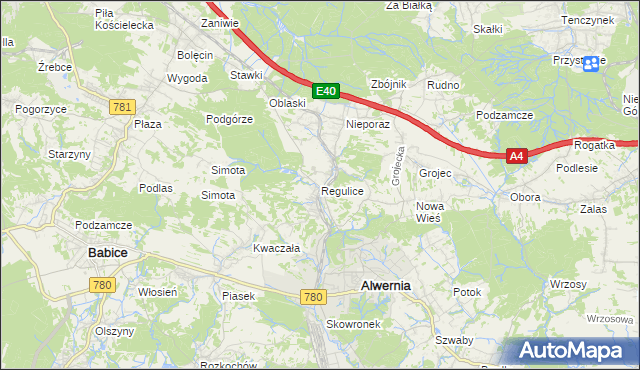 mapa Regulice gmina Alwernia, Regulice gmina Alwernia na mapie Targeo