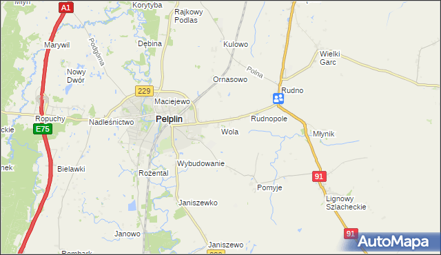 mapa Wola gmina Pelplin, Wola gmina Pelplin na mapie Targeo