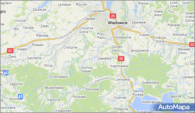 mapa Zawadka gmina Wadowice, Zawadka gmina Wadowice na mapie Targeo