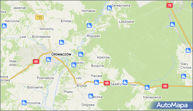 mapa Adamów gmina Głowaczów, Adamów gmina Głowaczów na mapie Targeo