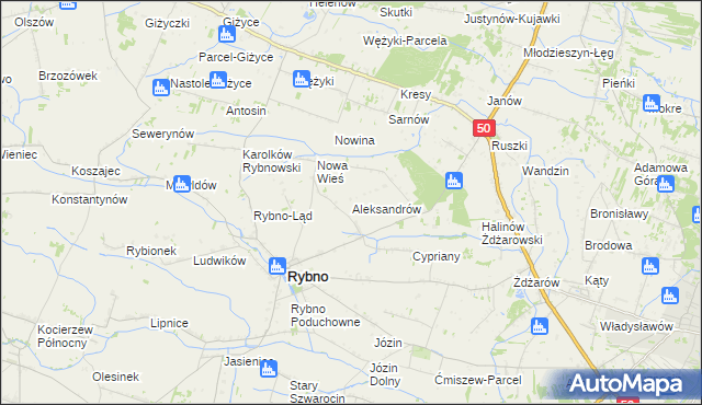 mapa Aleksandrów gmina Rybno, Aleksandrów gmina Rybno na mapie Targeo