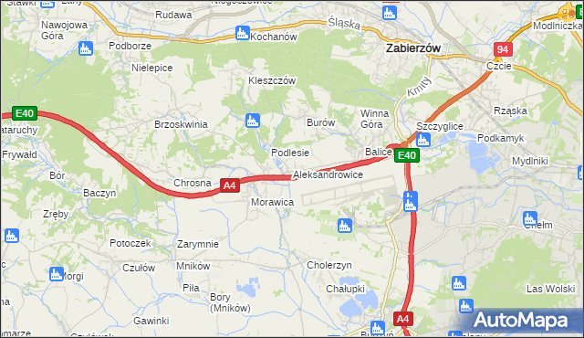 mapa Aleksandrowice gmina Zabierzów, Aleksandrowice gmina Zabierzów na mapie Targeo