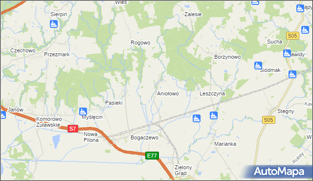 mapa Aniołowo gmina Pasłęk, Aniołowo gmina Pasłęk na mapie Targeo