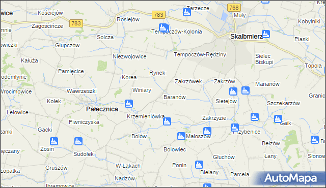 mapa Baranów gmina Skalbmierz, Baranów gmina Skalbmierz na mapie Targeo