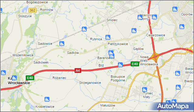 mapa Baranowice gmina Kąty Wrocławskie, Baranowice gmina Kąty Wrocławskie na mapie Targeo