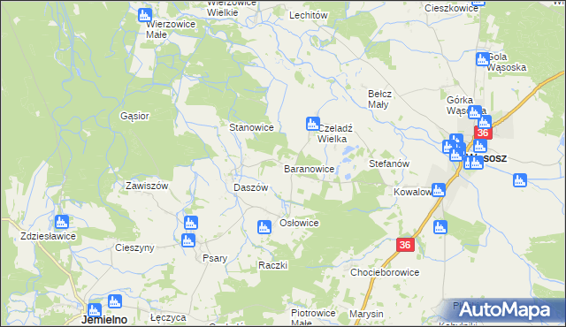 mapa Baranowice gmina Wąsosz, Baranowice gmina Wąsosz na mapie Targeo