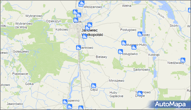 mapa Bielawy gmina Janowiec Wielkopolski, Bielawy gmina Janowiec Wielkopolski na mapie Targeo