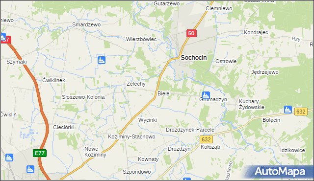 mapa Biele gmina Sochocin, Biele gmina Sochocin na mapie Targeo