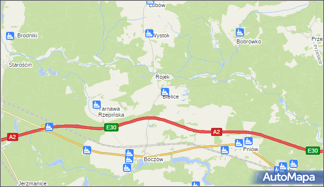 mapa Bielice gmina Torzym, Bielice gmina Torzym na mapie Targeo