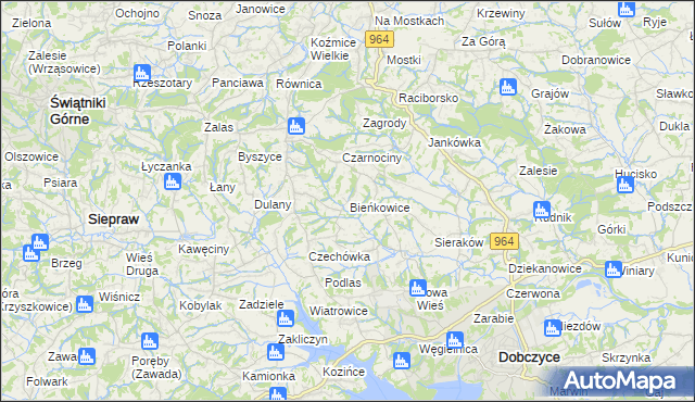 mapa Bieńkowice gmina Dobczyce, Bieńkowice gmina Dobczyce na mapie Targeo
