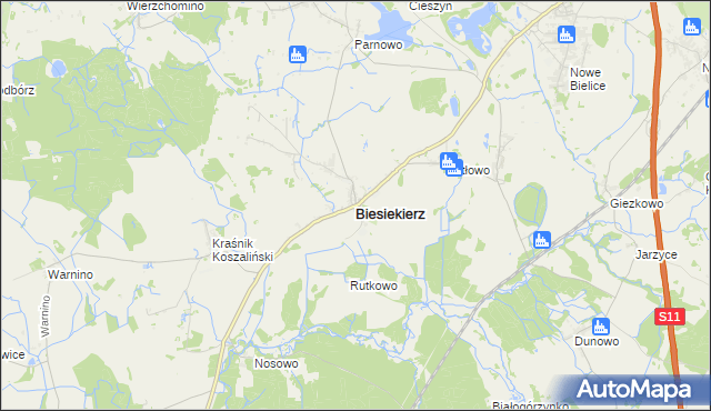 mapa Biesiekierz powiat koszaliński, Biesiekierz powiat koszaliński na mapie Targeo