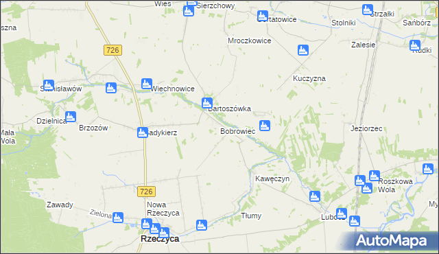 mapa Bobrowiec gmina Rzeczyca, Bobrowiec gmina Rzeczyca na mapie Targeo