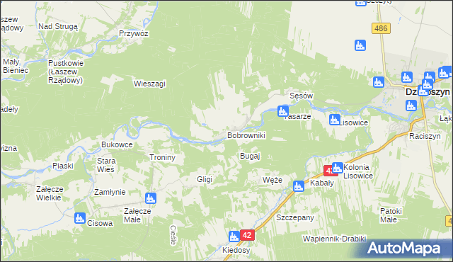 mapa Bobrowniki gmina Działoszyn, Bobrowniki gmina Działoszyn na mapie Targeo