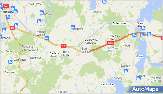mapa Borki Wielkie gmina Biskupiec, Borki Wielkie gmina Biskupiec na mapie Targeo