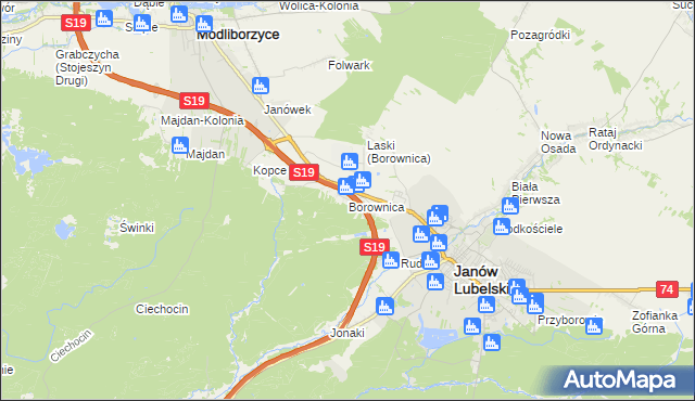 mapa Borownica gmina Janów Lubelski, Borownica gmina Janów Lubelski na mapie Targeo